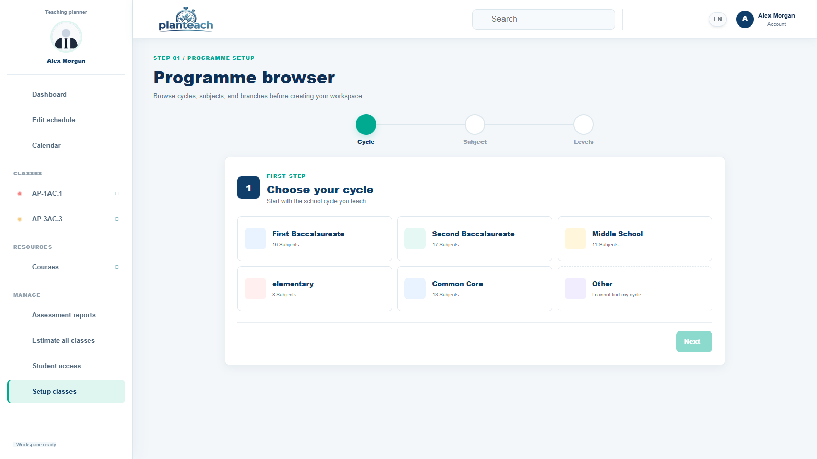 PlanTeach class setup screen in English
