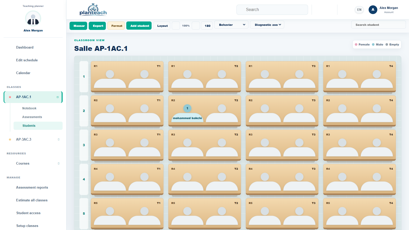 PlanTeach classroom screen in English