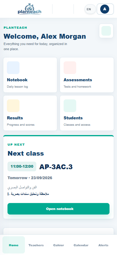 PlanTeach mobile dashboard in English