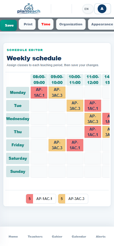 PlanTeach mobile schedule in English