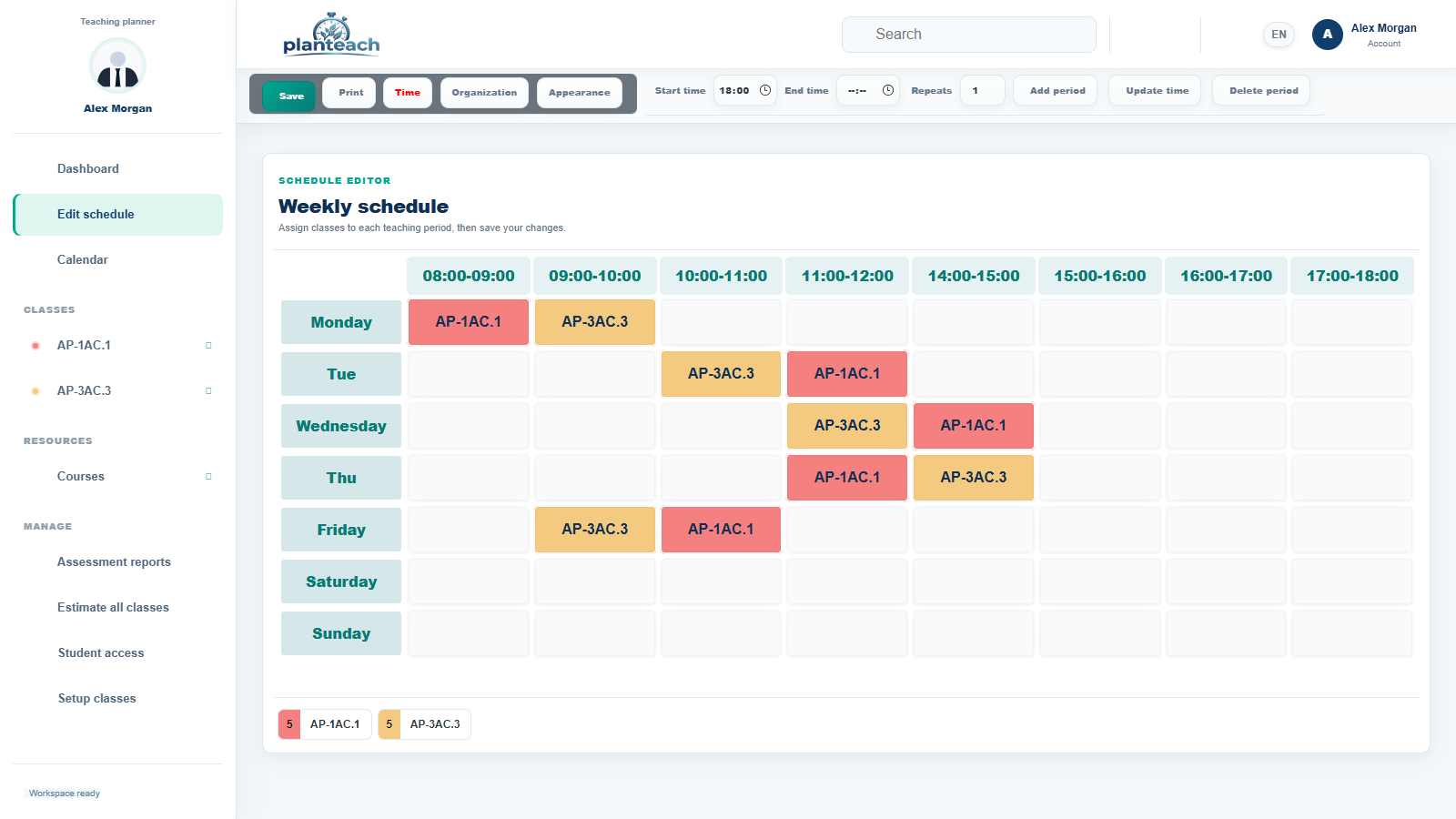 PlanTeach weekly schedule screen in English